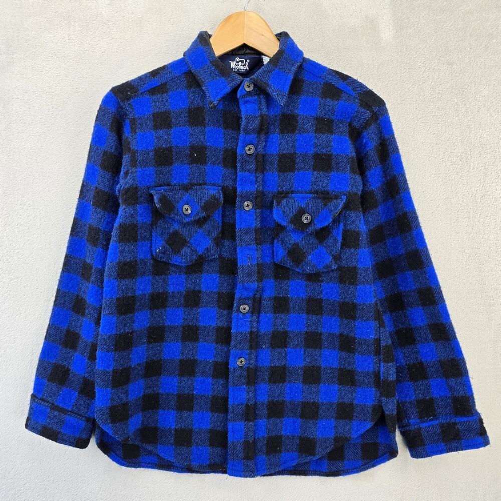 Vtg Woolrich Flannel Shirt Mens M (Fits Small) Blue Buffalo Plaid Wool USA 60s